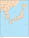 Single Color Japan Map with Countries, Capitals, Major Cities and Water Features