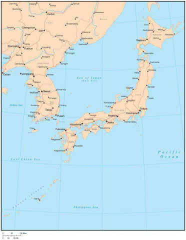 Single Color Japan Map with Countries, Capitals, Major Cities and Water Features