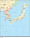 Multi Color Japan Map with Countries, Capitals, Major Cities and Water Features