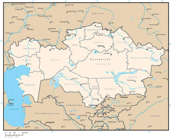 Kazakhstan Map with Province Areas and Capitals in Adobe Illustrator Format