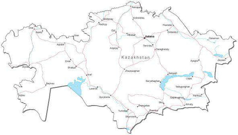 Kazakhstan Black & White Map with Capital, Major Cities, Roads, and Water Features