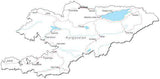 Kyrgystan Black & White Map with Capital, Major Cities, Roads, and Water Features