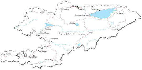 Kyrgystan Black & White Map with Capital, Major Cities, Roads, and Water Features
