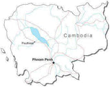 Cambodia Black & White Map with Capital Major Cities and Roads