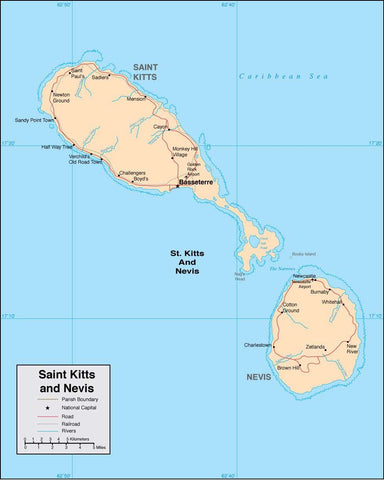 Digital Saint Kitts Nevis map in Adobe Illustrator vector format