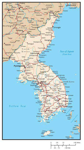 North and South Korea Map with Major Cities and Roads