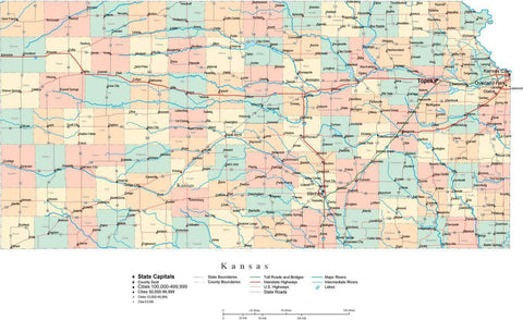 Kansas State Map - Multi-Color Cut-Out Style - with Counties, Cities, County Seats, Major Roads, Rivers and Lakes