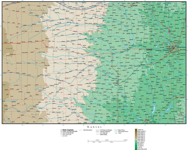 Digital Kansas Contour map in Adobe Illustrator vector format KS-USA-212146