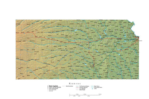 Digital Kansas State Illustrator cut-out style vector with Terrain KS-USA-242018