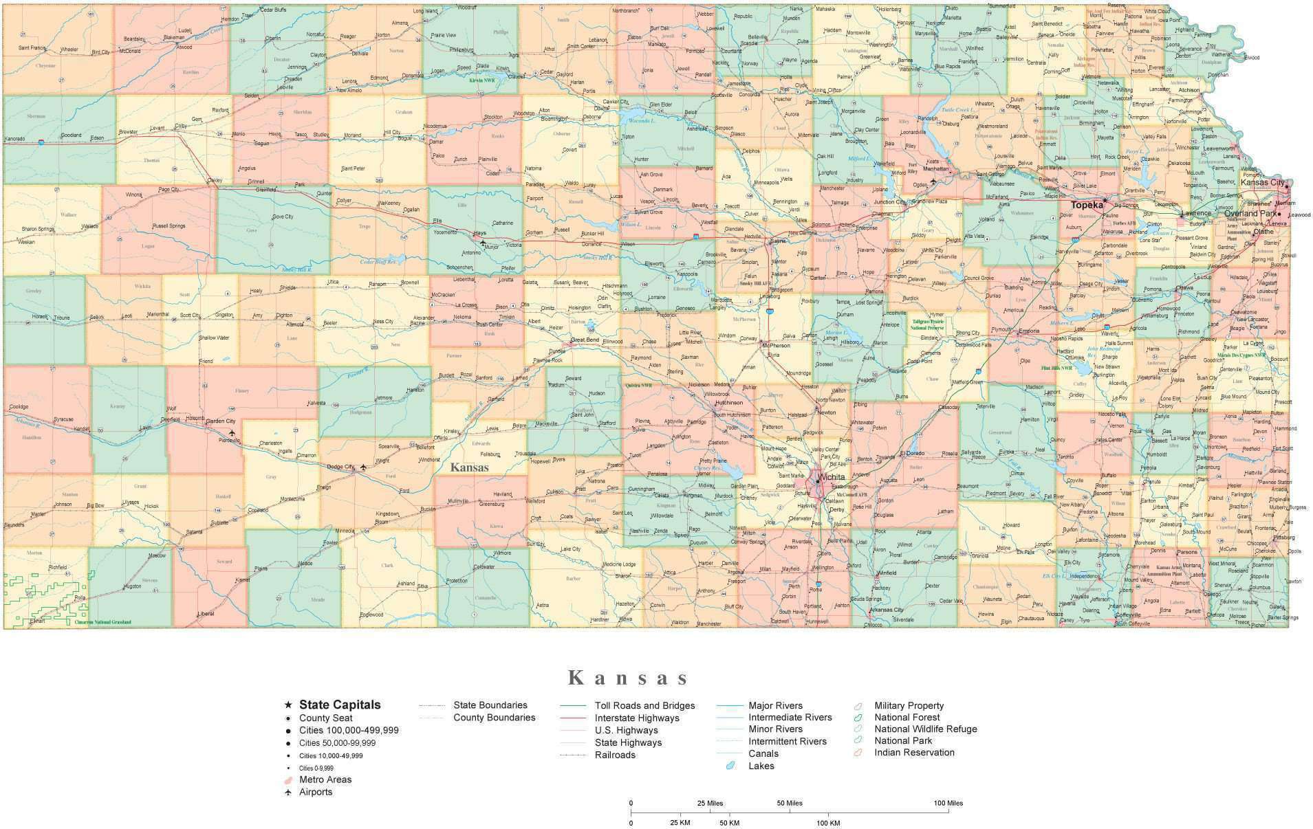 State Map of Kansas in Adobe Illustrator vector format. Detailed