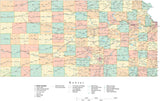 Detailed Kansas Cut-Out Style Digital Map with Counties, Cities, Highways, and more