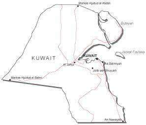 Kuwait Black & White Map with Capital Major Cities and Roads