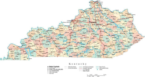 Kentucky State Map - Multi-Color Cut-Out Style - with Counties, Cities, County Seats, Major Roads, Rivers and Lakes