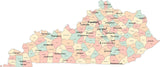 Multi Color Kentucky Map with Counties, Capitals, and Major Cities