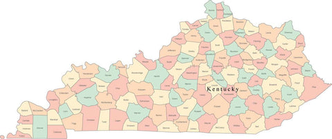 Multi Color Kentucky Map with Counties and County Names