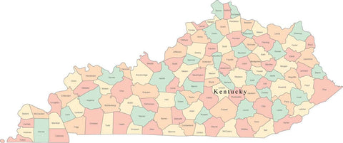 Multi Color Kentucky Map with Counties and County Names