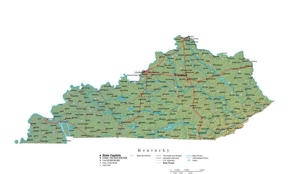 Kye Map Kentucky Illustrator Vector Map with Cities, Roads and Photoshop ...