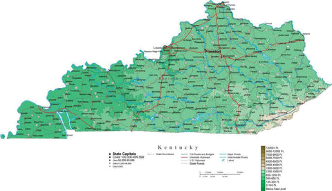 Kentucky Map  with Contour Background - Cut Out Style