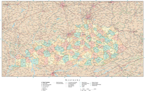 Detailed Kentucky Digital Map with Counties, Cities, Highways, Railroads, Airports, and more