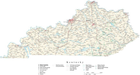 Detailed Kentucky Cut-Out Style Digital Map with County Boundaries, Cities, Highways, and more