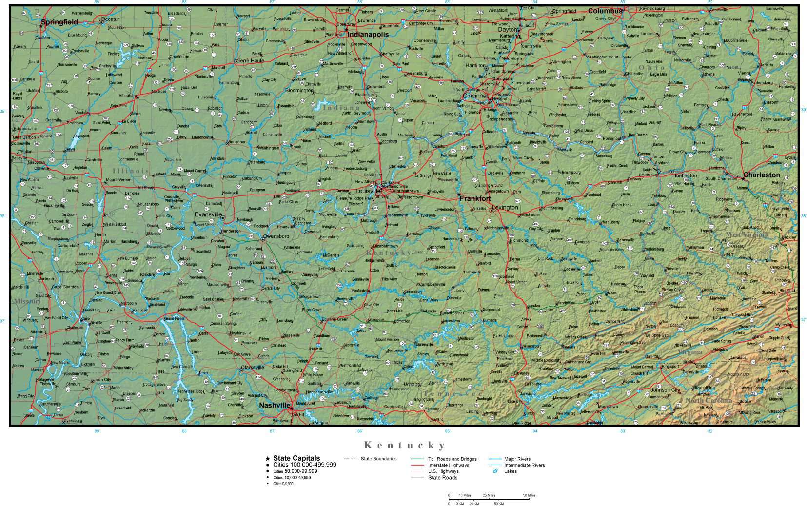Kypost Map Kentucky State Map Plus Terrain with Cities & Roads