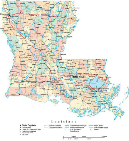 Louisiana State Map - Multi-Color Cut-Out Style - with Counties, Cities, County Seats, Major Roads, Rivers and Lakes