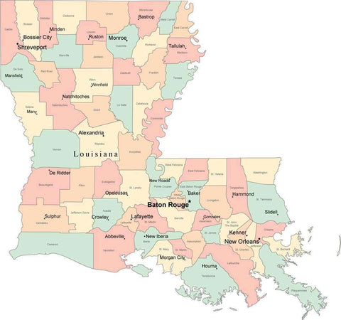 Multi Color Louisiana Map with Counties, Capitals, and Major Cities