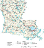 Louisiana Map - Cut Out Style - with Capital, County Boundaries, Cities, Roads, and Water Features