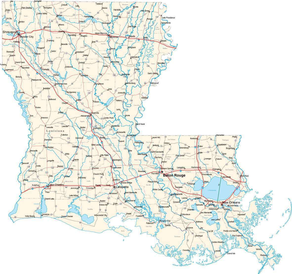 Louisiana State Map - Multi-Color Cut-Out Style - with Counties, Cities,  County Seats, Major Roads, Rivers and Lakes