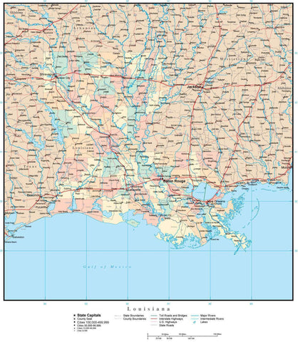 Louisiana Map with Counties, Cities, County Seats, Major Roads, Rivers and Lakes