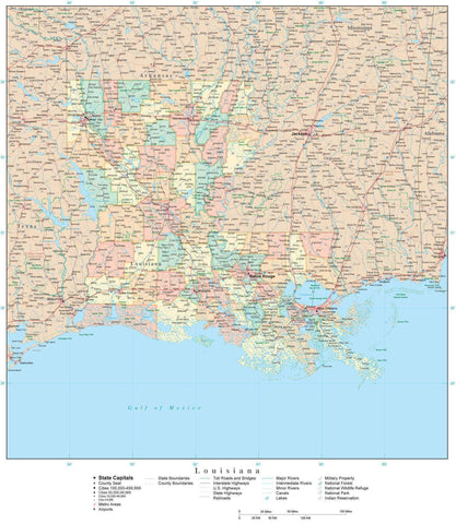 Detailed Louisiana Digital Map with Counties, Cities, Highways, Railroads, Airports, and more