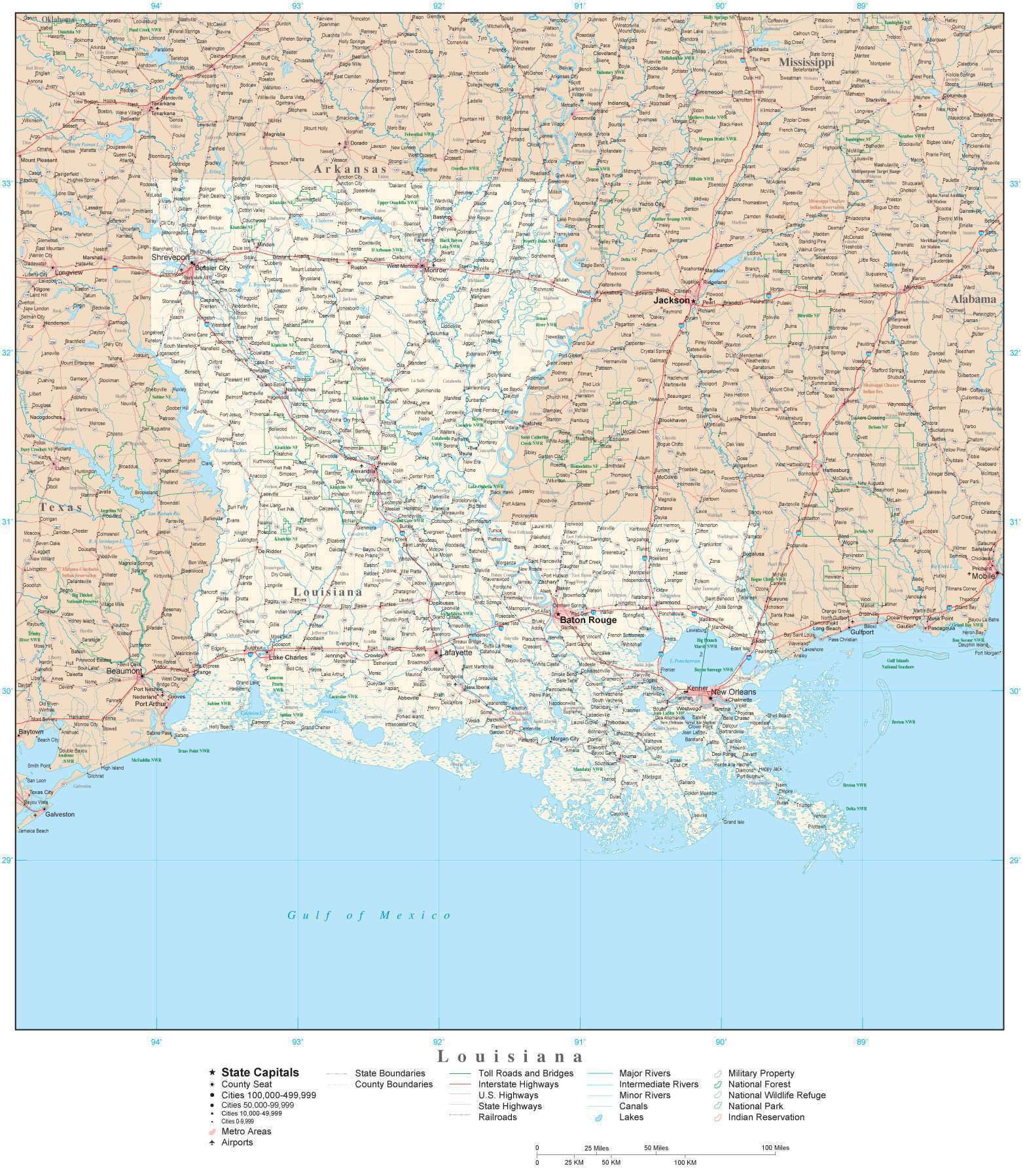 Louisiana Map - Counties, Major Cities and Major Highways - Digital Vector,  Illustrator, PDF, WMF