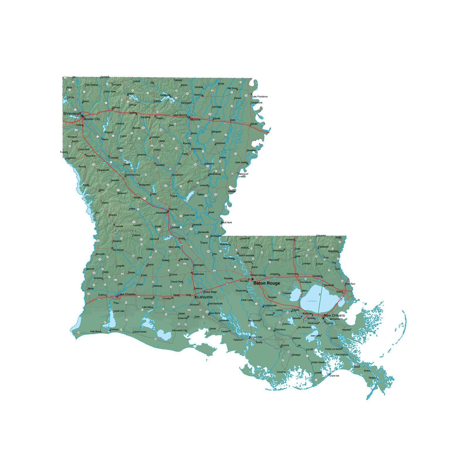 Detailed Louisiana Map - LA Terrain Map