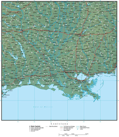 Digital Louisiana Terrain map in Adobe Illustrator vector format with Terrain LA-USA-942202