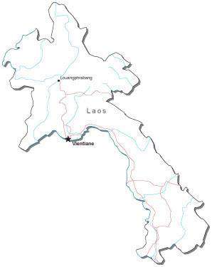 Laos Black & White Map with Capital, Major Cities, Roads, and Water Features