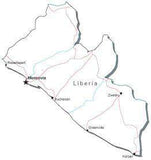 Liberia Black & White Map with Capital, Major Cities, Roads, and Water Features