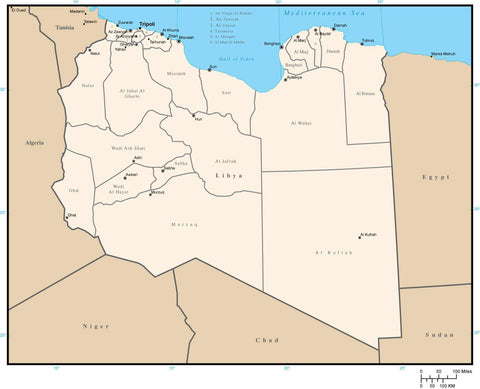 Libya Digital Vector Map with District Areas and Capitals