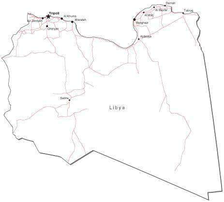 Libya Black & White Map with Capital Major Cities and Roads