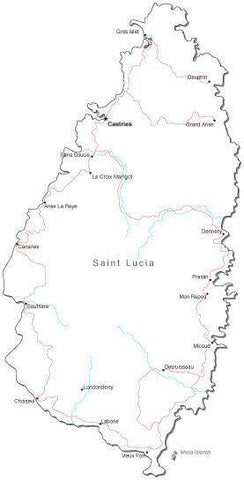 Saint Lucia Black & White Map with Capital, Major Cities, Roads, and Water Features