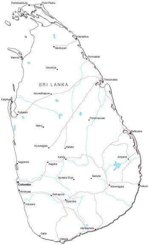 Sri Lanka Black & White Map with Capital, Major Cities, Roads, and Water Features