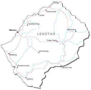 Lesotho Black & White Map with Capital, Major Cities, Roads, and Water Features