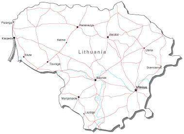 Lithuania Black & White Map with Capital, Major Cities, Roads, and Water Features
