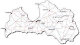 Latvia Black & White Map with Capital, Major Cities, Roads, and Water Features