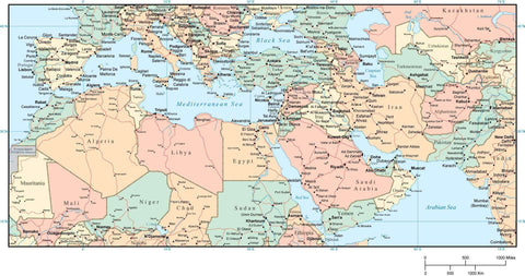 Mediterranean Map with Country Areas, Capitals, Major Cities and Roads