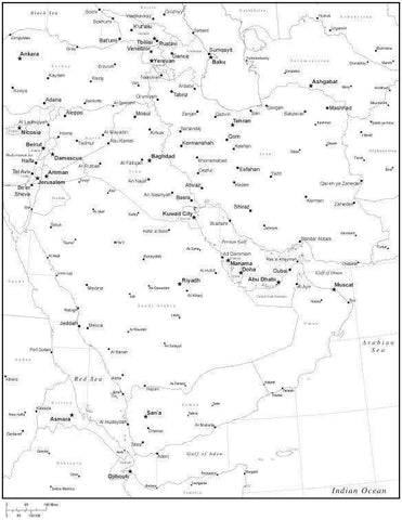 Black & White Middle East Map with Countries, Capitals and Major Cities - M-EAST-533866