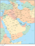 Multi Color Middle East Map with Countries, Capitals, Major Cities and Water Features