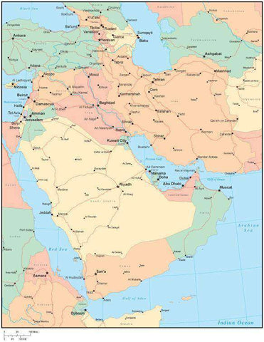 Multi Color Middle East Map with Countries, Capitals, Major Cities and Water Features