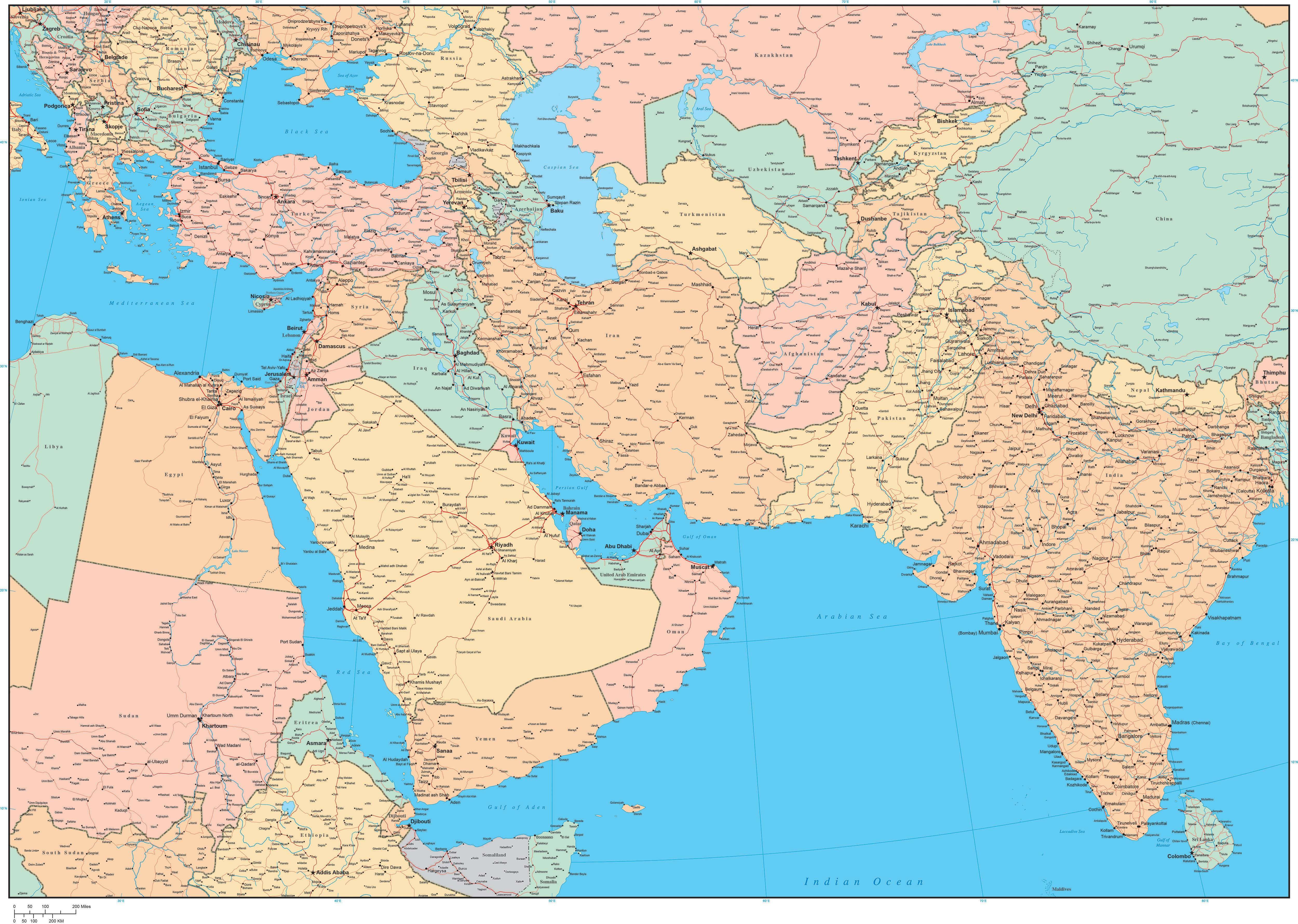 Middle East Map With Roads And Cities In Adobe Illustrator Format middle-east-map-with-roads-and-cities-in-adobe-illustrator-format