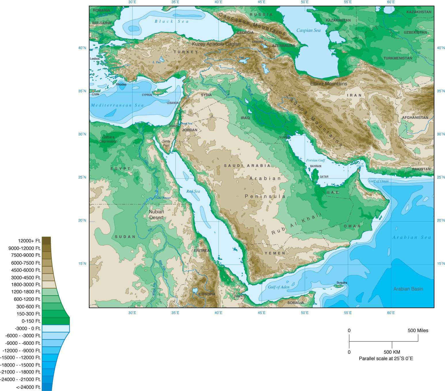 Digital Middle East Contour map in Adobe Illustrator vector format. digital-middle-east-contour-map-in-adobe-illustrator-vector-format