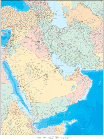 Digital Poster Size Middle East Contour map in Adobe Illustrator vector format.